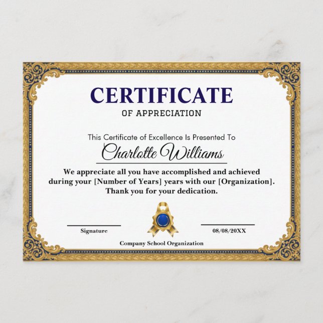 Classic Gold Blank Certificate Frame Printable Begleitkarte (Vorderseite)