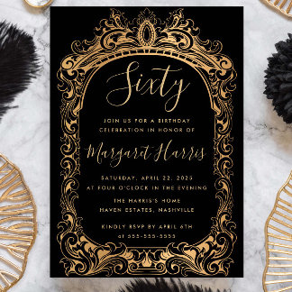 Classic Gold Border Black 60. Geburtstag Einladung