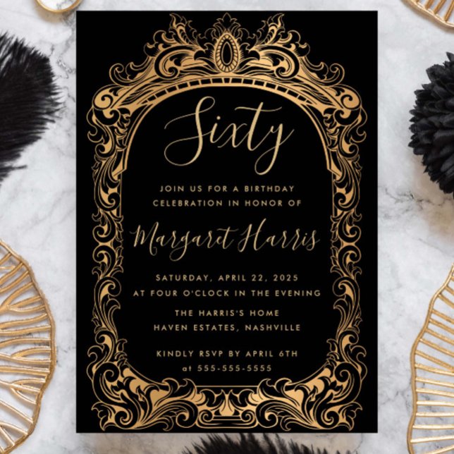 Classic Gold Border Black 60. Geburtstag Einladung (Von Creator hochgeladen)