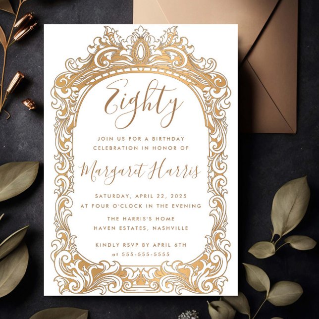 Classic Gold Border White 80. Geburtstag Einladung (Von Creator hochgeladen)