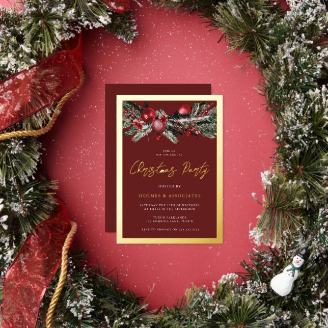 Classic Gold & Burgund Weihnachts-Party Folieneinladung (Insitu)