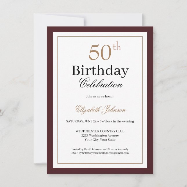 Classic Gold Burgundy 50th Birthday Party Einladung (Vorderseite)