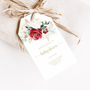 Classic Gold Burgundy White Floral Baby Shower Geschenkanhänger