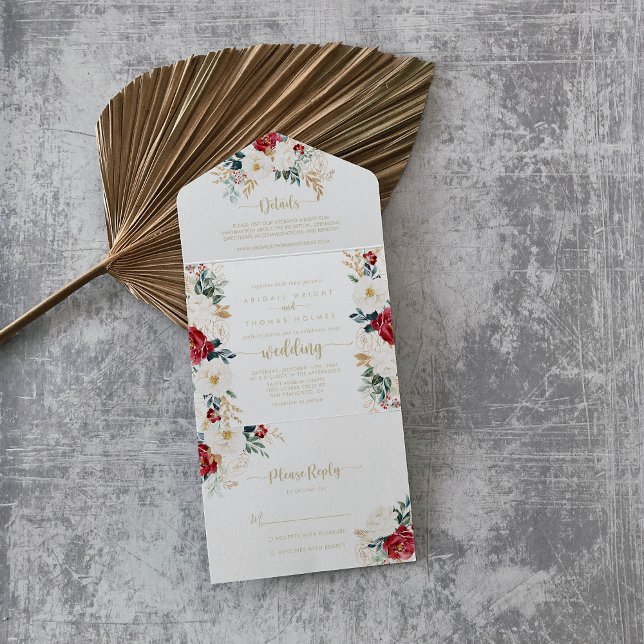 Classic Gold Burgundy White Floral Wedding All In One Einladung (Von Creator hochgeladen)
