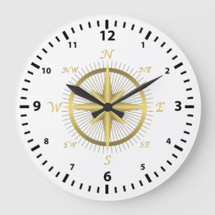 Classic Gold Compass und Black Number Clock Face Große Wanduhr