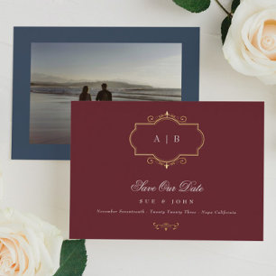 classic gold crest burgundy navy save the date folieneinladung