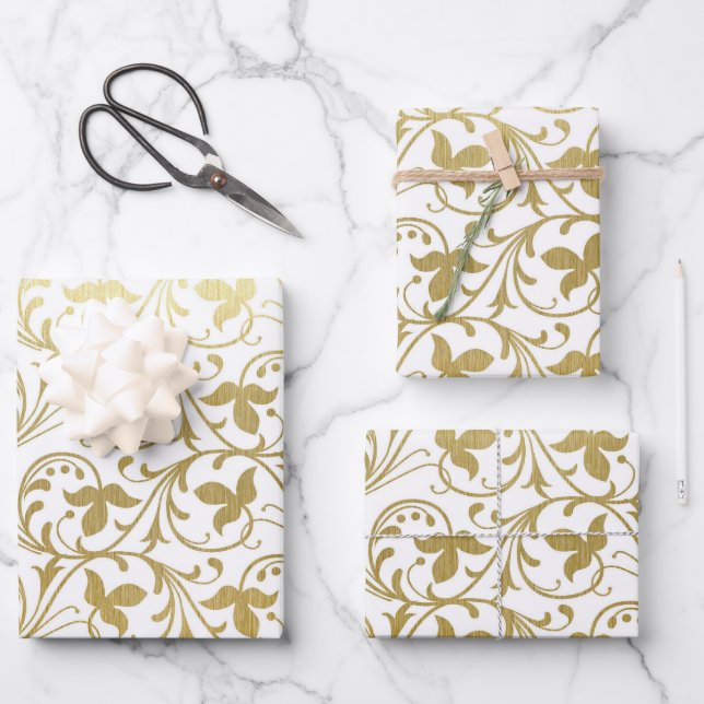 Classic Gold Damask Blumenmuster Hochzeit Geschenkpapier Set (Vorderseite)