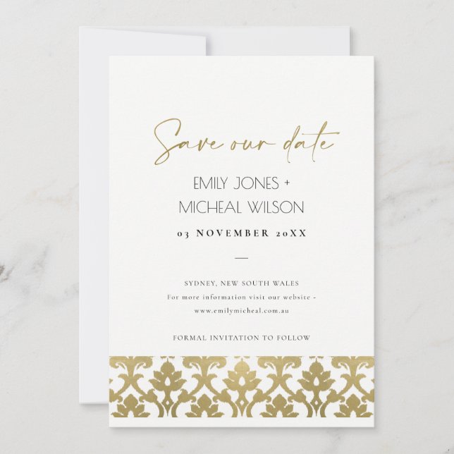 CLASSIC GOLD DAMASK FLORAL PATTERN SAVE THE DATE (Vorderseite)