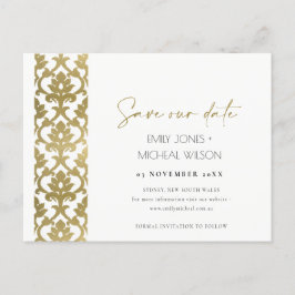 CLASSIC GOLD DAMASK FLORAL PATTERN SAVE THE DATE ANKÜNDIGUNGSPOSTKARTE
