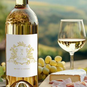 Classic Gold Floral Wappen Monogramme Hochzeit Weinetikett