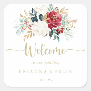 Classic Gold Floral Wedding Willkommen Quadratischer Aufkleber