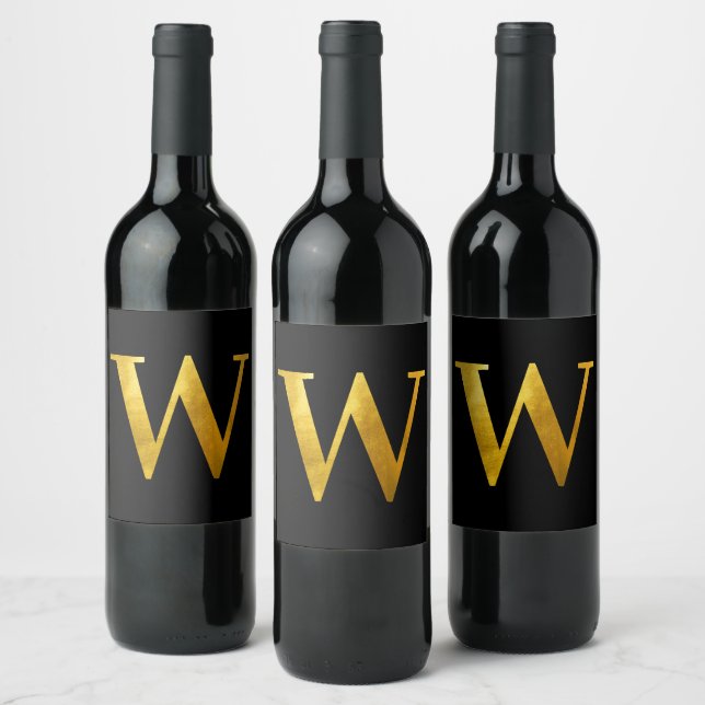 Classic Gold Foil Monogram W auf Black Weinetikett (Flaschen)