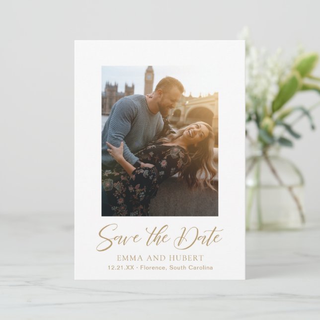 Classic Gold Foto Elegante Hochzeit Save The Date (Stehend Vorderseite)