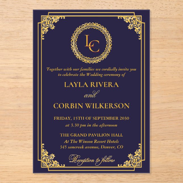 Classic Gold Frame Royal Monogram Wedding Acryleinladungen (Vorderseite)
