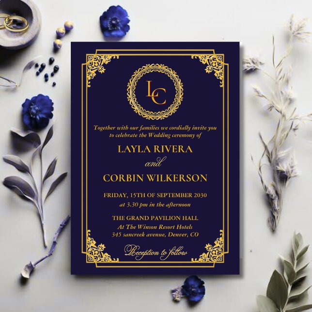 Classic Gold Frame Royal Monogram Wedding Einladung (Von Creator hochgeladen)