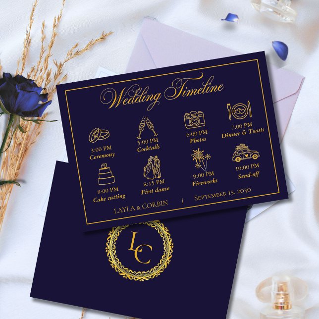 Classic Gold Frame Royal Monogram Wedding Timeline Begleitkarte (Von Creator hochgeladen)