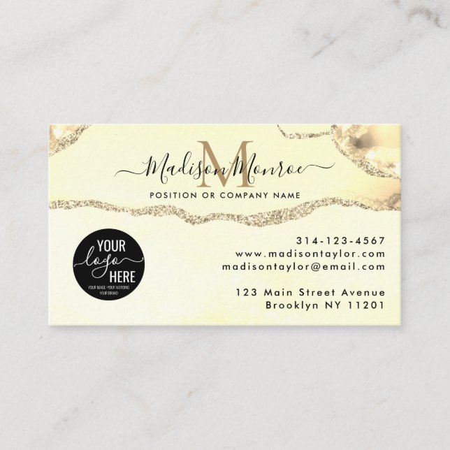 Classic Gold Glitzer Custom Logo Agate Monogram Visitenkarte (Vorderseite)