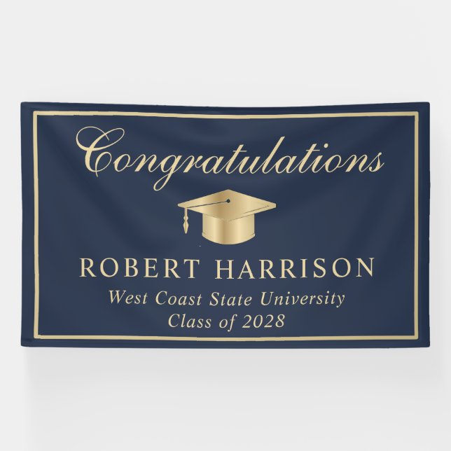 Classic Gold Grad Cap Blue Abschluss Willkommen Banner (Horizontal)