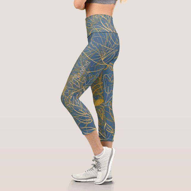 Classic Gold Leaf Blue Background Capri Leggings (Links)