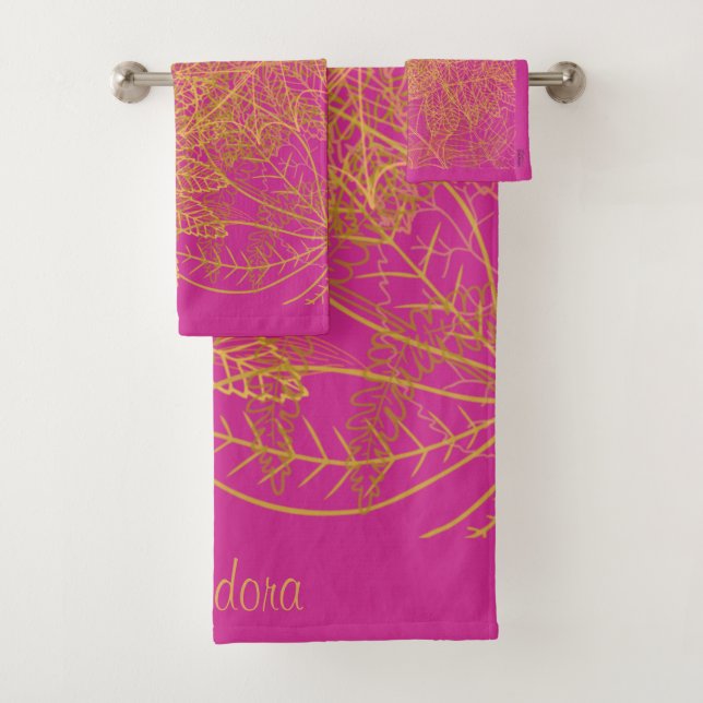 Classic Gold Leaf Fuchsia Hintergrund Badhandtuch Set (Insitu)