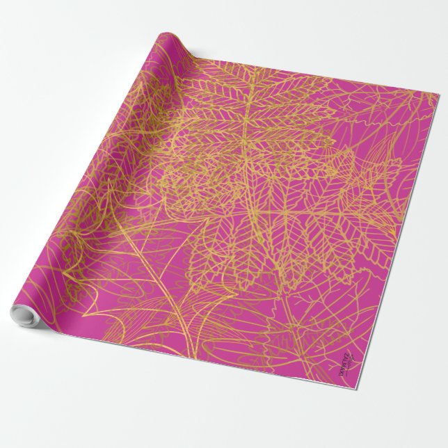 Classic Gold Leaf Fuchsia Hintergrund Geschenkpapier (Ungerollt)