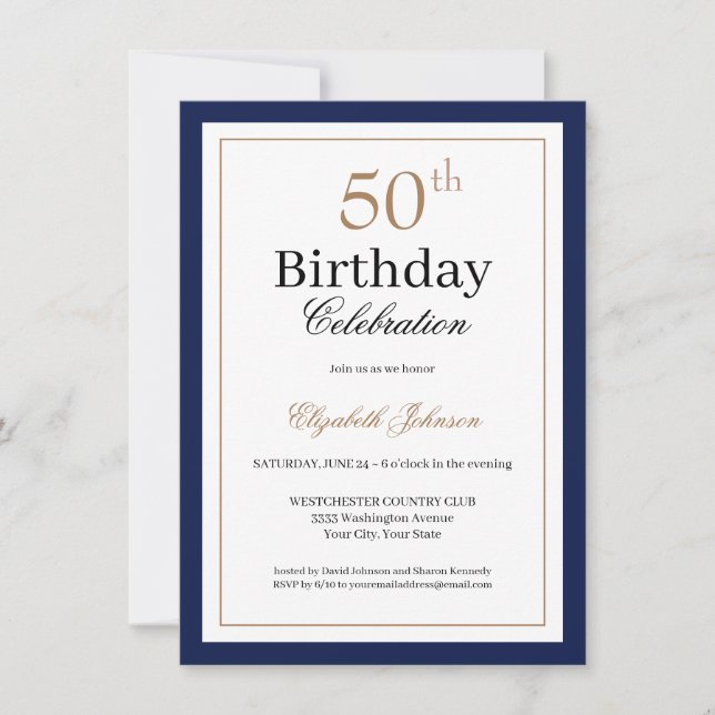 Classic Gold Navy Blue 50th Birthday Party Einladung (Vorderseite)
