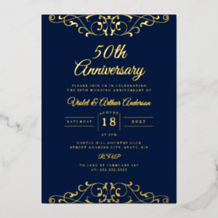Classic Gold Navy Swirl 50. Hochzeitstag Folieneinladung