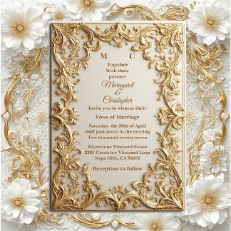 Classic Gold Ornate Floral Motif Modern Typography Einladung
