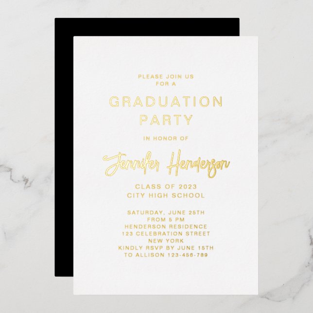Classic Gold Script Graduation Party Folieneinladung (Vorderseite/Rückseite)