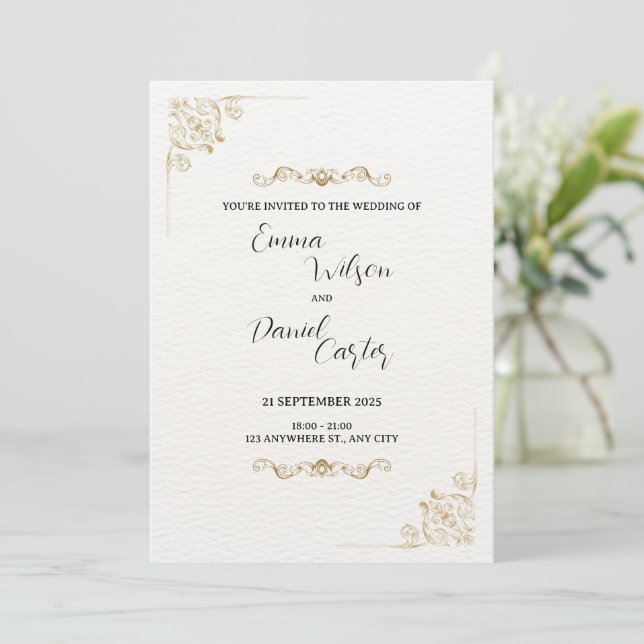 Classic & Gold Scrolls zum Hochzeitsempfang Einladung (Stehend Vorderseite)