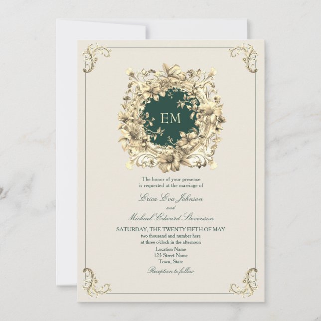 Classic Gold und Emerald Green Wedding Einladung (Vorderseite)