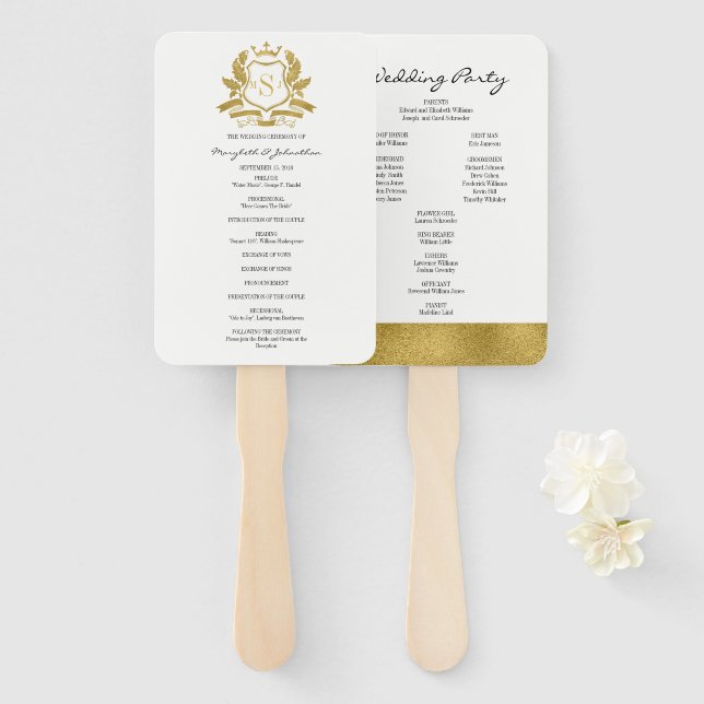 Classic Gold Wappen Wedding Program Hand Fan Fächer (Vorne und Hinten)