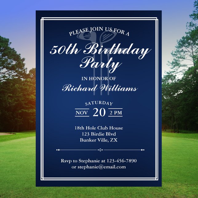 Classic Golf Theme Blue White 50. Geburtstag Einladung (Von Creator hochgeladen)