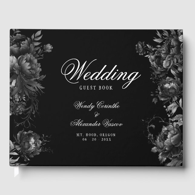 Classic Gothic Black Monogram Wappen Wedding Gästebuch (Vorderseite)