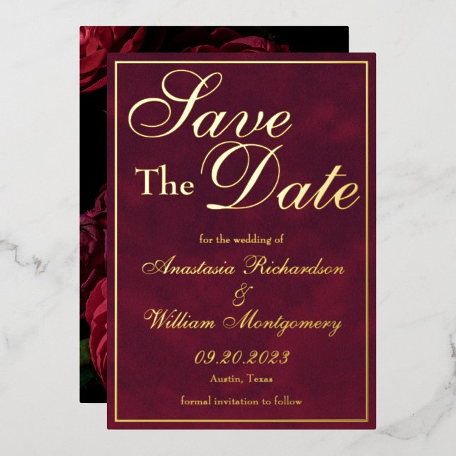 Classic Gothic Elegant Burgundy Gold Save the Date Folieneinladung (Vorderseite/Rückseite)