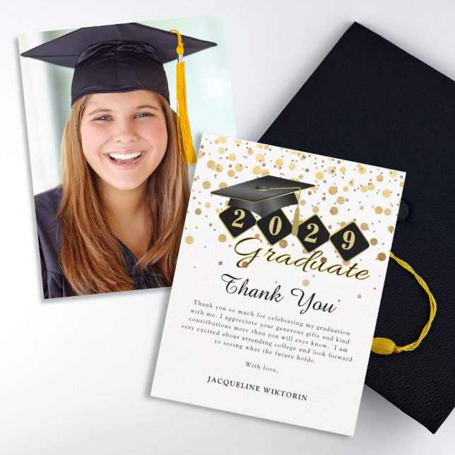 Classic Graduation Cap Black Gold Foto Dankeskarte (Classic Graduation Cap Black Gold Photo Thank You Card)