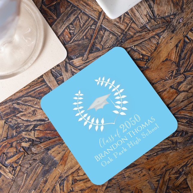 Classic Graduation Party Carolina Blue Custom Rechteckiger Pappuntersetzer (Carolina blue laurel leaf custom graduation party paper coaster. )