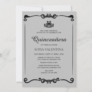 Classic Gray Black Tiara Quinceanera Einladung