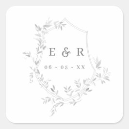 Classic Gray Blätter Wappen Monogram Wedding Quadratischer Aufkleber