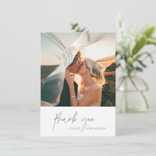 Classic Gray Foto Elegante Hochzeit Dankeskarte (Stehend Vorderseite)