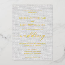 Classic Gray Linen Wedding Gold Foil Einladung