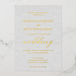 Classic Gray Linen Wedding Gold Foil Einladung