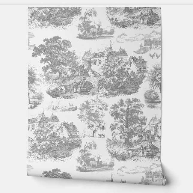 Classic Gray Vintag French Chateau Toile Tapete (Abrollen)
