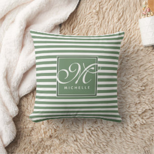 Classic Green and White Striping - Script Monogram Kissen