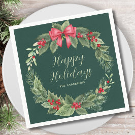 Classic Green Christmas Wreath Name Napkins Serviette