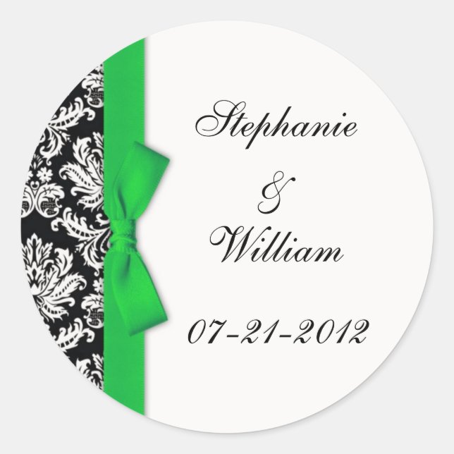 Classic Green Damask Wedding Label Runder Aufkleber (Vorderseite)