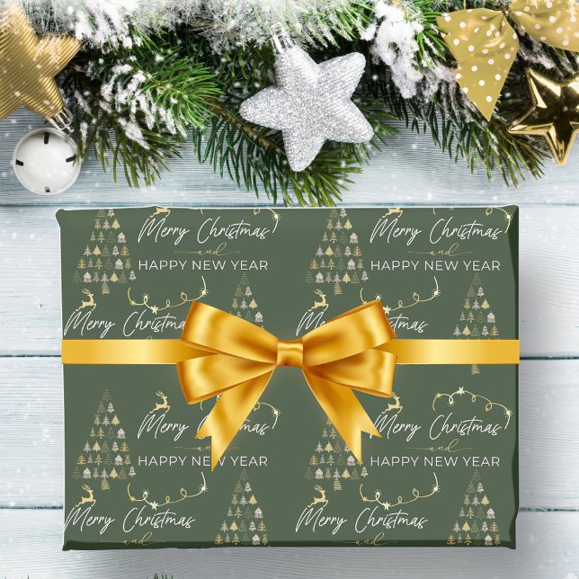 Classic Green Doodle Weihnachtsbaum Rentierstrars Geschenkpapier (Classic Green Doodle Christmas Tree Reindeer Stars Wrapping Paper)