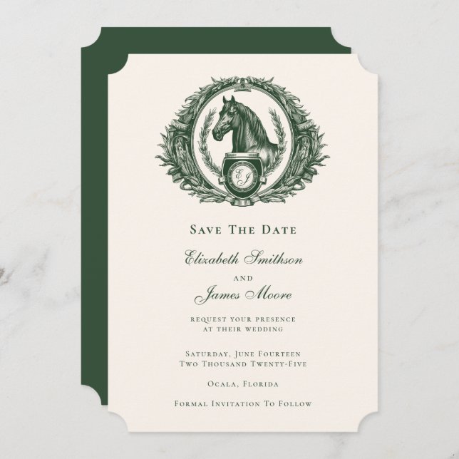 Classic Green Equestrian Monogram Wappen Wedding Save The Date (Vorne/Hinten)