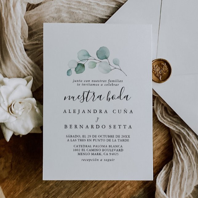 Classic Green Eucalyptus Calligraphy Nuestra Boda Einladung (Von Creator hochgeladen)