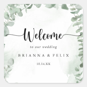 Classic Green Eucalyptus Foliage Wedding Welcome Quadratischer Aufkleber